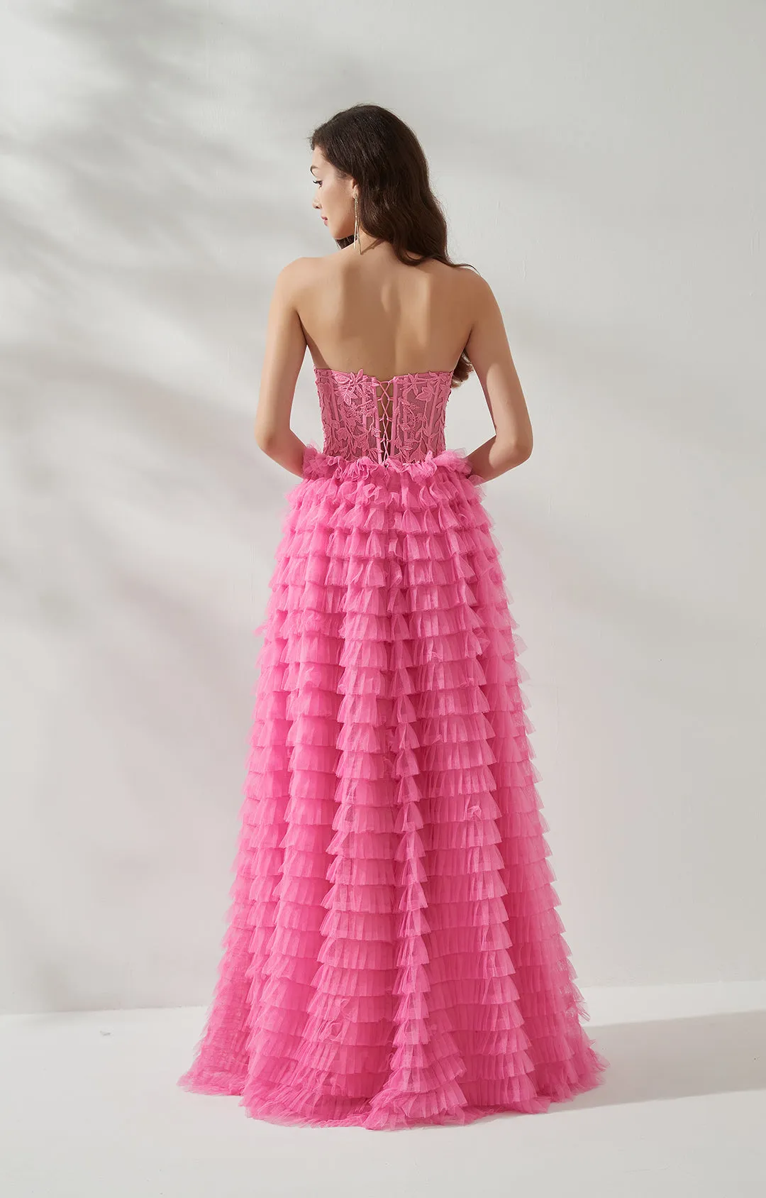 Strapless Lace Bodice Split Tulle Tiered Floor Length Dress
