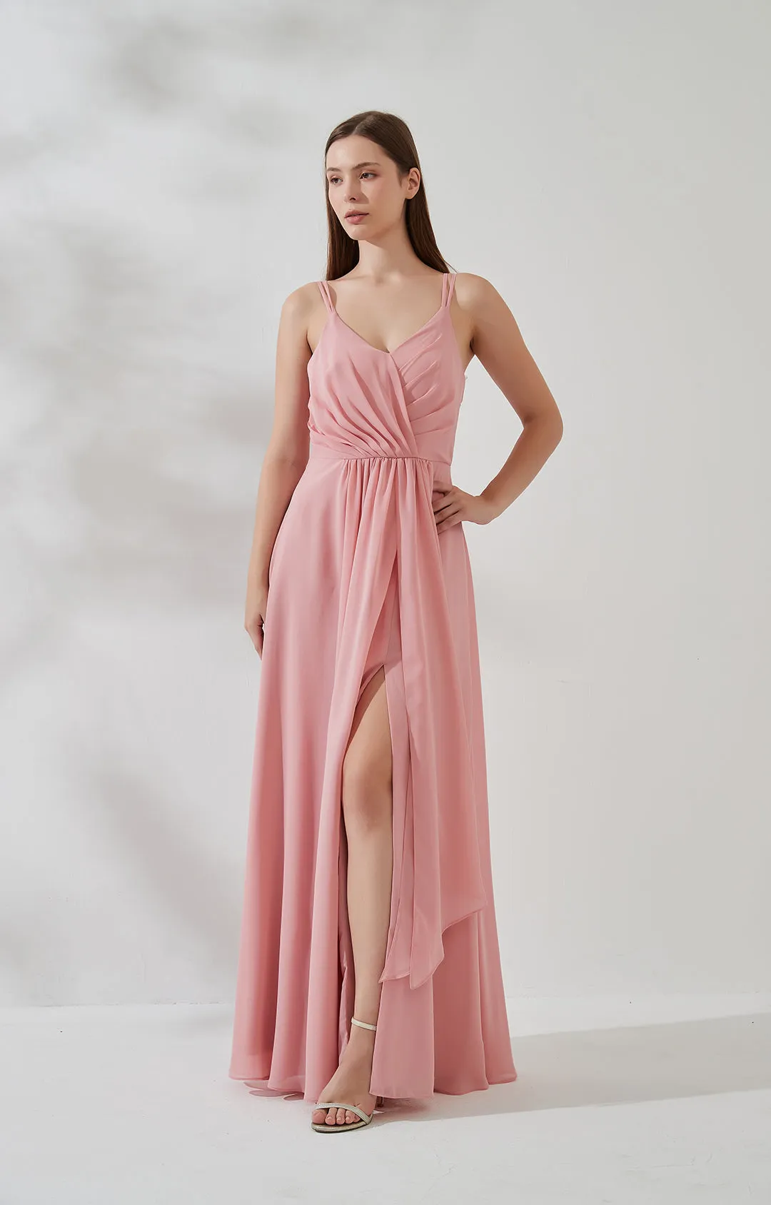 V-Neck Double Strap Side Split Pleats Ruching Ruffles Bridesmaid Dresses