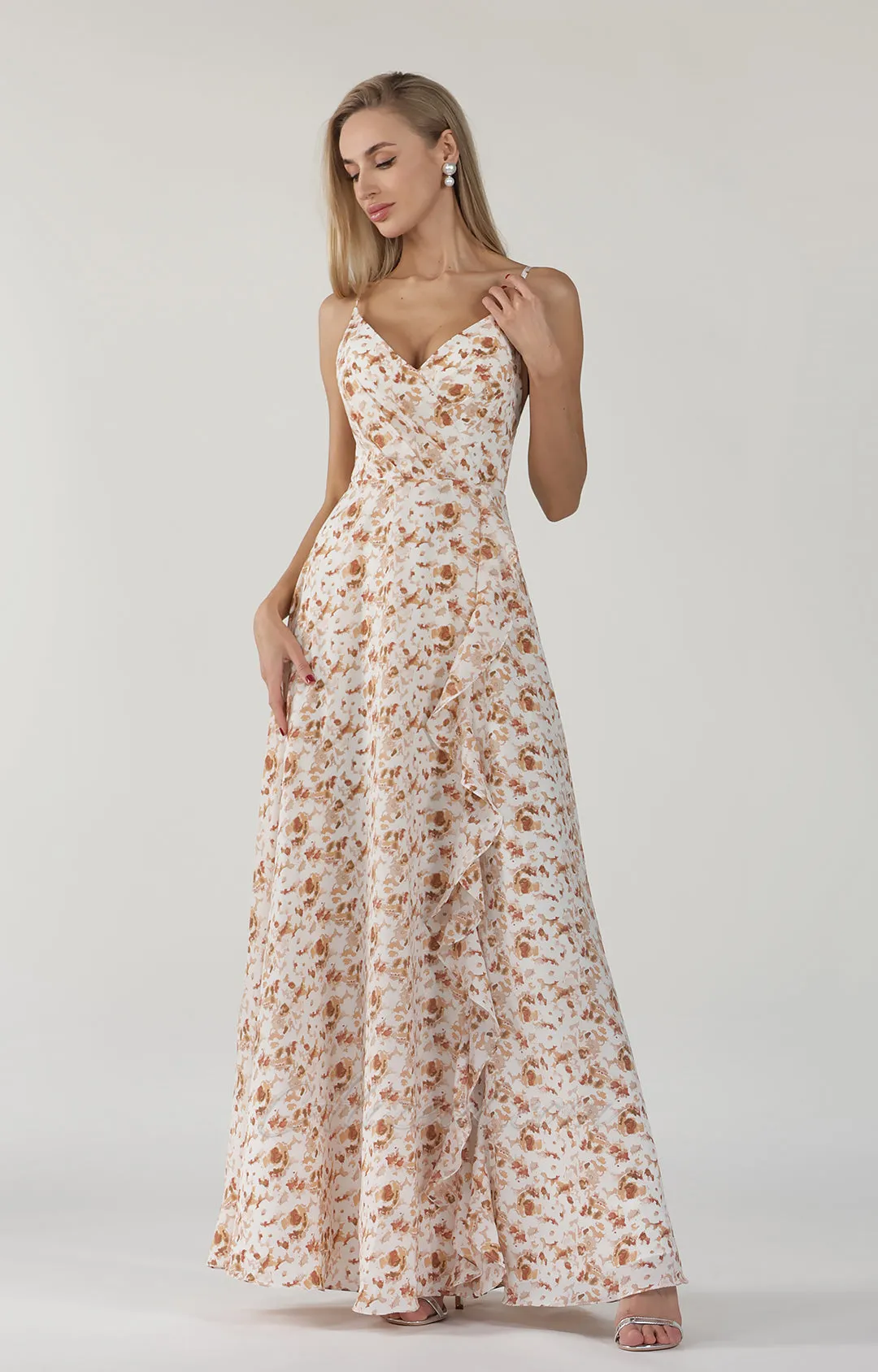 V-Neck Spaghetti Straps A-Line Side Split Floral Print Maxi Dress