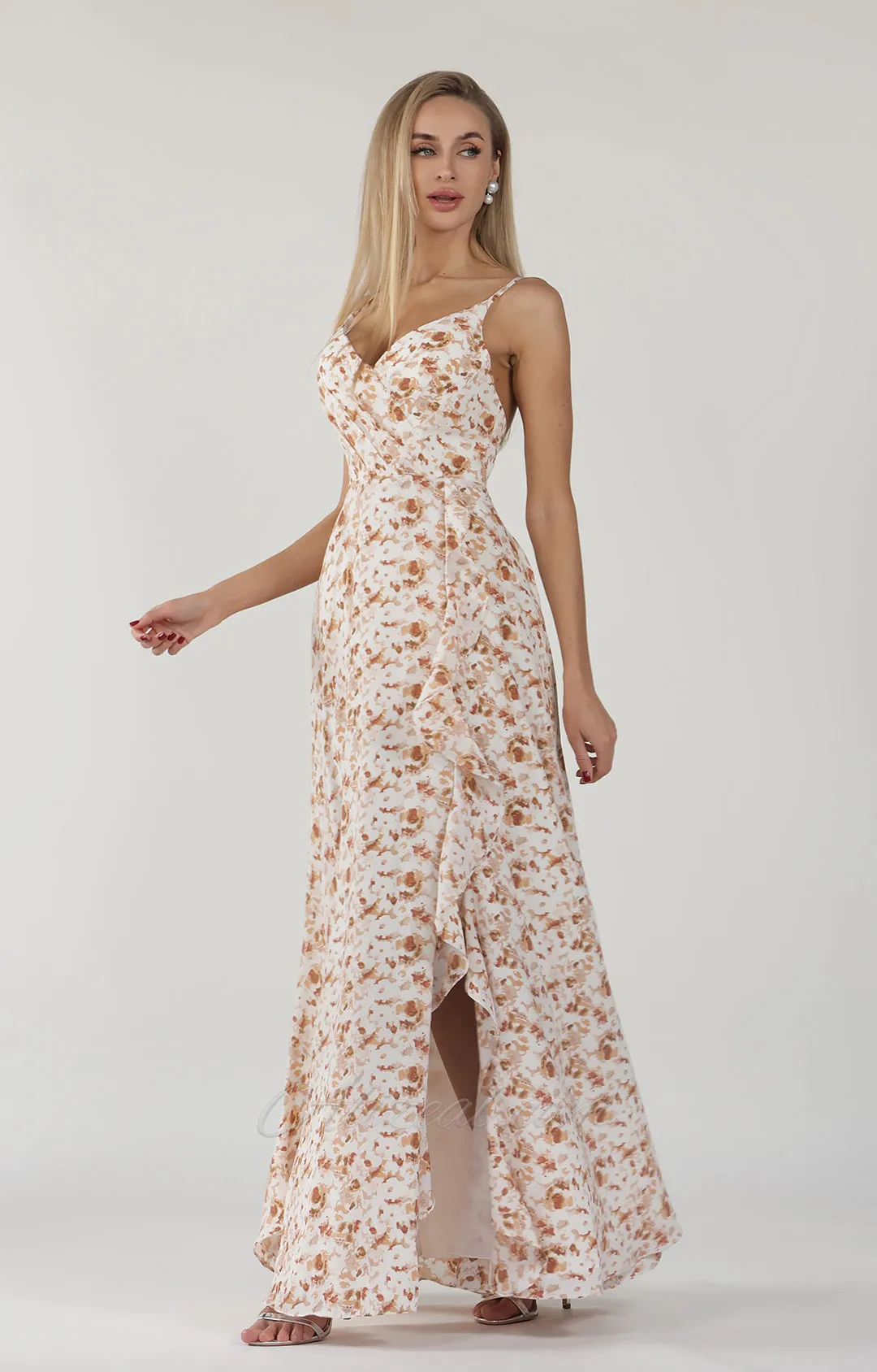 V-Neck Spaghetti Straps A-Line Side Split Floral Print Maxi Dress