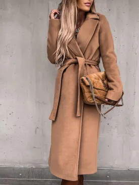 Women's Coats Simple Lapel Belted Long Sleeve Woolen Coat
