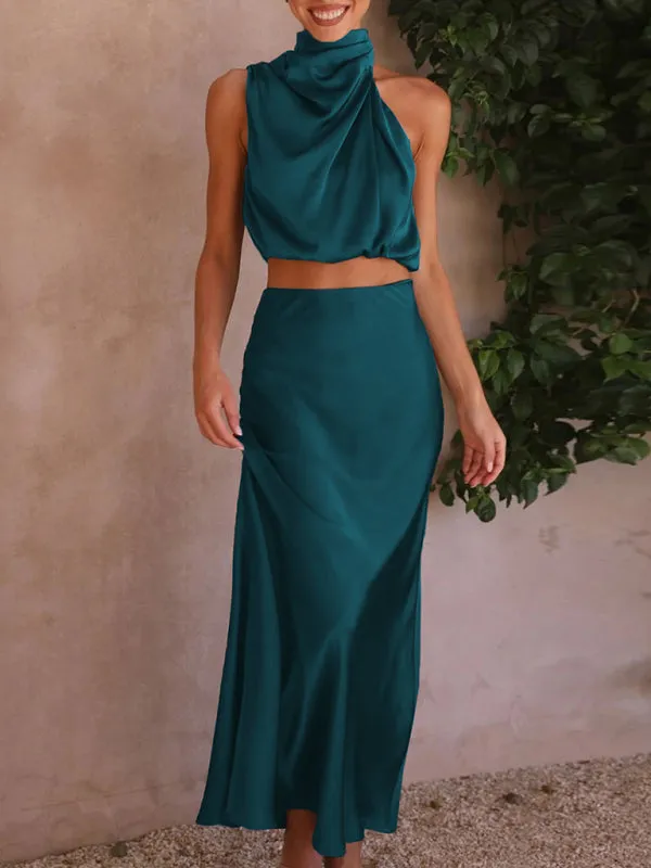 Women's Sexy Bib top Drape Skirt Elegant Two-Piece Set