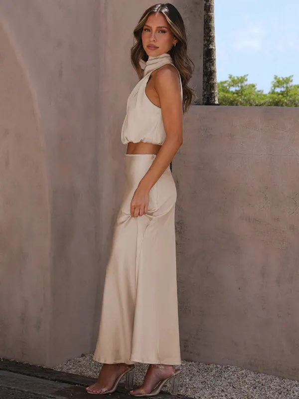 Women's Sexy Bib top Drape Skirt Elegant Two-Piece Set