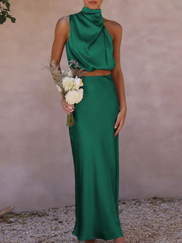 Women's Sexy Bib top Drape Skirt Elegant Two-Piece Set