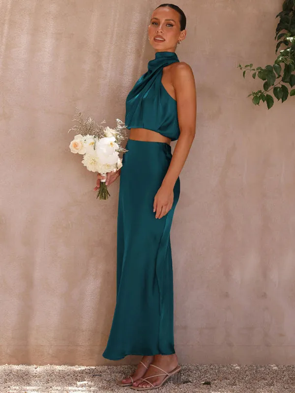 Women's Sexy Bib top Drape Skirt Elegant Two-Piece Set