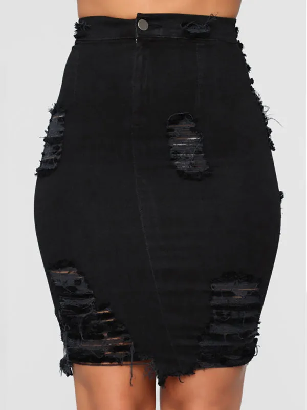Women's spring and summer European and American ripped denim skirt